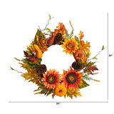 24" Fall Sunflower, Pumpkin, Pinecone And Berries Wreath