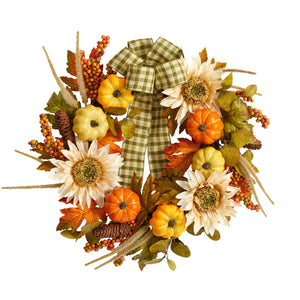 24" Fall Sunflower, Pumpkin Wreath With Decorative Ribbon