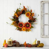 24" Fall Sunflower, Pumpkin, Pinecone And Berries Wreath