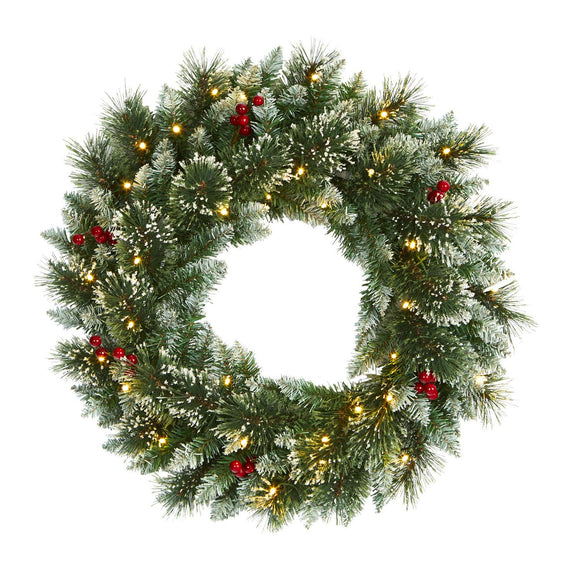 24” Frosted Swiss Pine Wreath W/35 LEDs And Berries