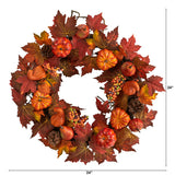 24" Maple Leaves, Pumpkin, Pinecone And Berries Wreath