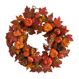 24" Maple Leaves, Pumpkin, Pinecone And Berries Wreath