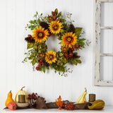 26" Hydrangea, Sunflower And Pinecones Artificial Wreath