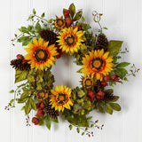 26" Hydrangea, Sunflower And Pinecones Artificial Wreath