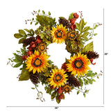 26" Hydrangea, Sunflower And Pinecones Artificial Wreath