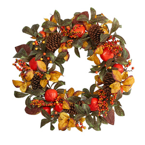 26" Persimmon And Pinecones Artificial Fall Wreath