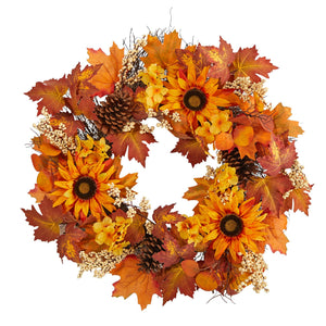 28" Maple Leaves, Sunflower And Pinecones Fall Wreath