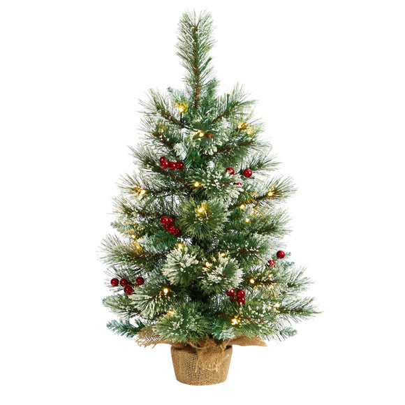 2' Snow Tipped Pine And Berry Xmas Tree W/35 LEDs In Burlap