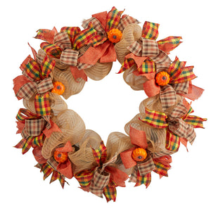 30" Halloween Pumpkin With Decorative Bows Artificial Wreath