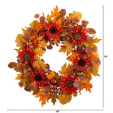 30" Harvest, Acorn, Sunflower And Berries Artificial Wreath