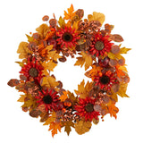 30" Harvest, Acorn, Sunflower And Berries Artificial Wreath