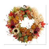 30" Harvest, Sunflower, Maple Leaves And Berries Wreath W/Bows