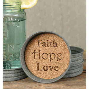 Mason Jar Lid Coaster  Faith Hope Love  Box of 4