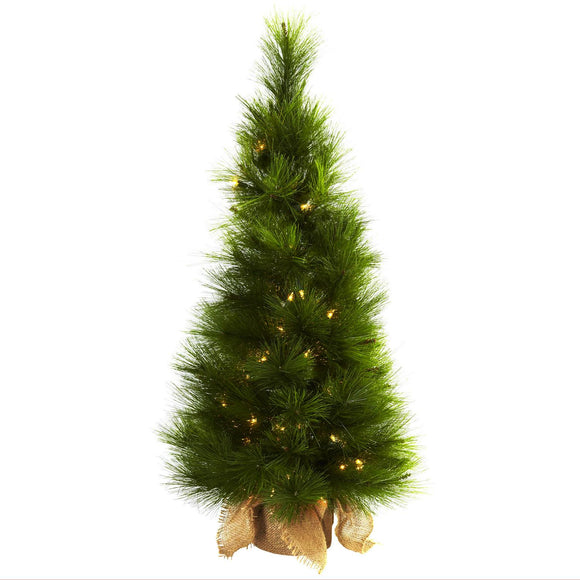 3' Christmas Tree W/Burlap Bag, 50 Clear Lights And 71 Tips