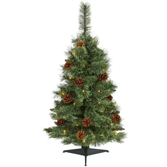 3' White Mountain Pine Christmas Tree 50 LEDs And Pine Cones