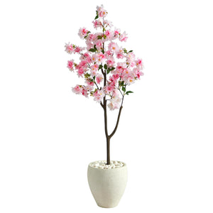 4.5’ Cherry Blossom Tree In White Planter