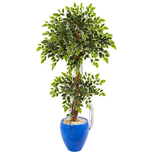 4.5’ Variegated Ficus Artificial Tree In Blue Planter