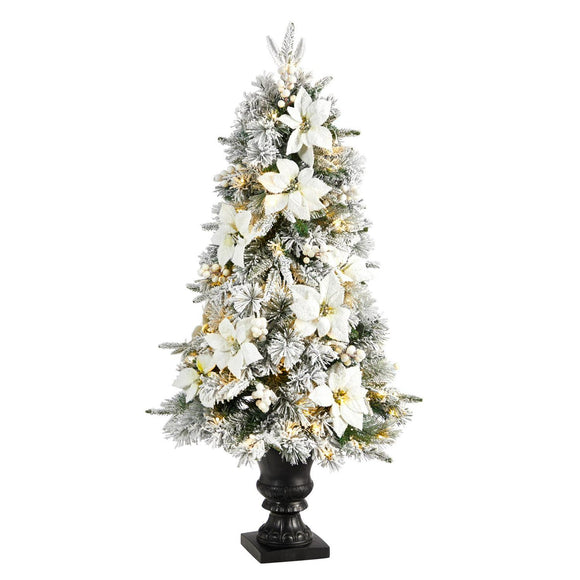 4' Flocked Christmas Tree W/223 LVS And 100 Warm Lights In Urn