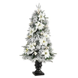 4' Flocked Christmas Tree W/223 LVS And 100 Warm Lights In Urn