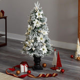 4' Flocked Christmas Tree W/223 LVS And 100 Warm Lights In Urn