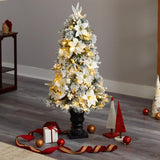 4' Flocked Christmas Tree W/223 LVS And 100 Warm Lights In Urn