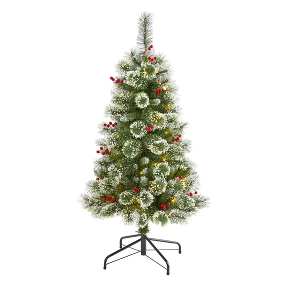 4' Frosted Swiss Pine Christmas Tree Pre-Lighted 100 LED Light And Berries