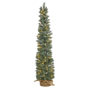 4 Green Pine Xmas Tree W/70 Clear Lights, 154 Tips And Burlap