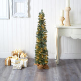 4 Green Pine Xmas Tree W/70 Clear Lights, 154 Tips And Burlap