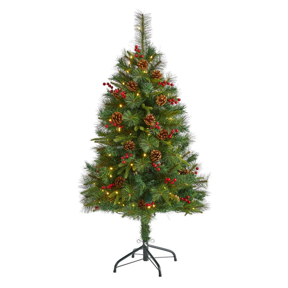 4' Pine Christmas Tree Pre-Lighted With 100 LEDs Pine Cones And Berries