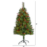 4' Pine Christmas Tree Pre-Lighted With 100 LEDs Pine Cones And Berries