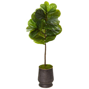 52” Fiddle Leaf Tree In Ribbed Metal Planter (Real Touch)