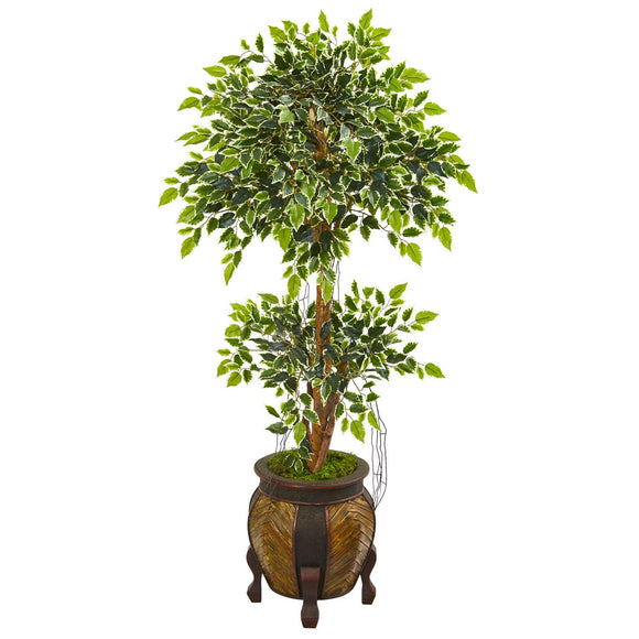 59” Variegated Ficus Artificial Tree In Decorative Planter