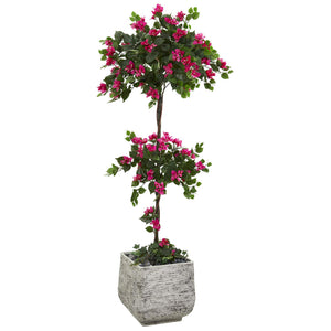 5’ Bougainvillea Artificial Topiary Tree In White Planter