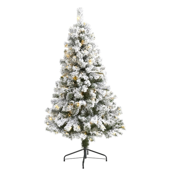 5' Flocked Fir Christmas Tree Pre-Lighted With 320 Tips, PVC And 150 LED