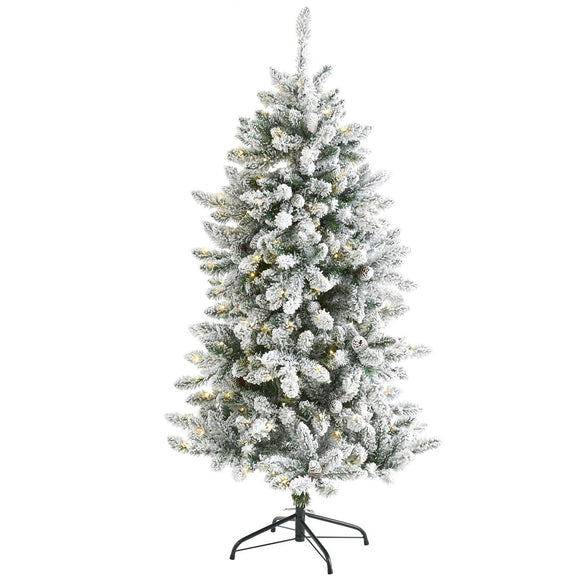 5' Flocked Livingston Fir Christmas Tree W200 LED And Cones