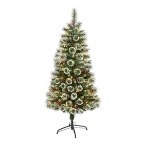 5' Frosted Swiss Pine Christmas Tree Pre-Lighted 200 LED Light And Berries