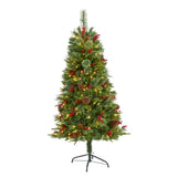 5' Norway Pine Christmas Tree Pre-Lighted With 200 LED, Cones And Berries