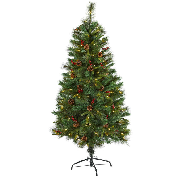 5' Pine Christmas Tree Pre-Lighted With 150 LEDs Pine Cones And Berries