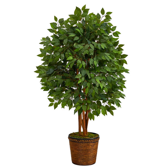 5’ Super Deluxe Artificial Ficus Tree In Wicker Planter