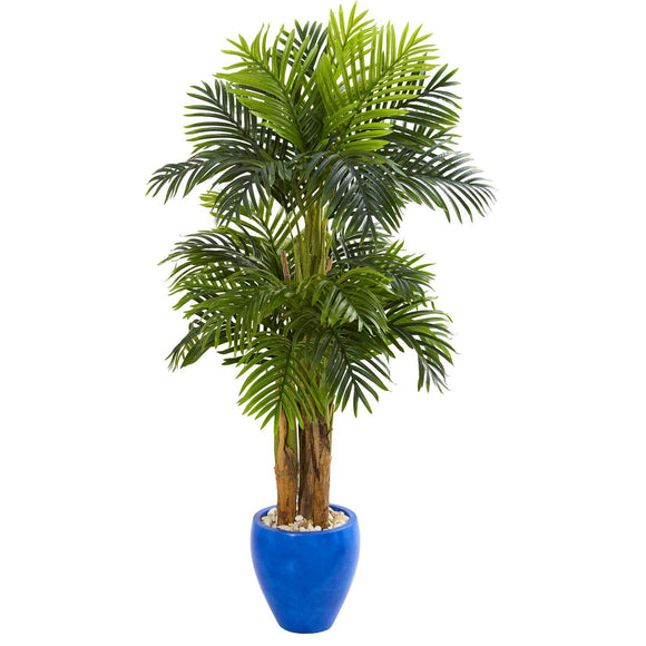 5’ Triple Areca Palm Artificial Tree In Glazed Blue Planter