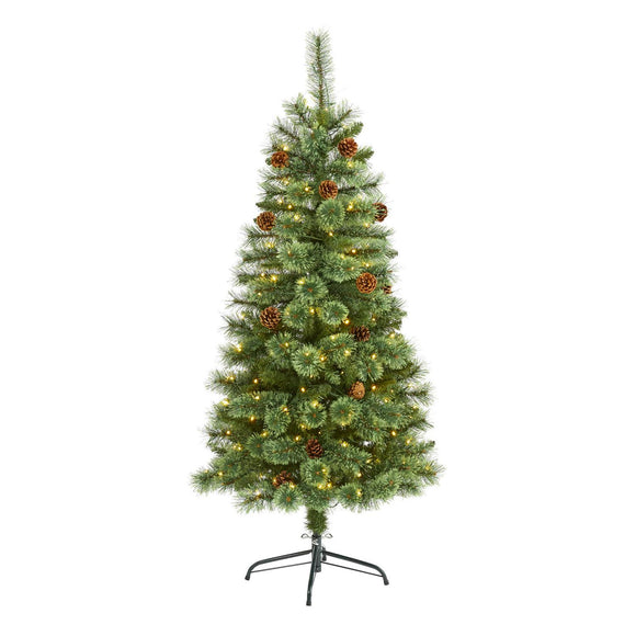 5' White Mountain Pine Christmas Tree 200 LEDs And Pine Cones