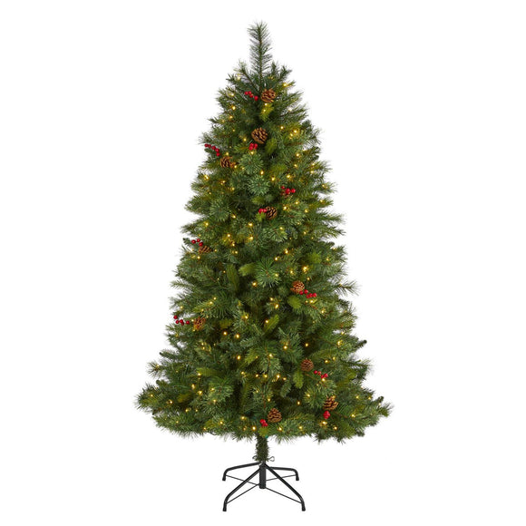 6' Aberdeen Spruce Christmas Tree Pre-Lighted 350 LEDs, Cones And Berries