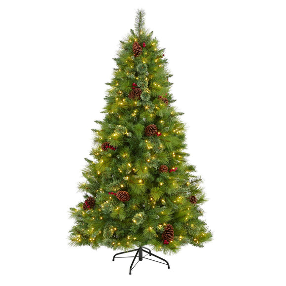 6' Montana Pine Christmas Tree With Cones, Berries And 350 LED