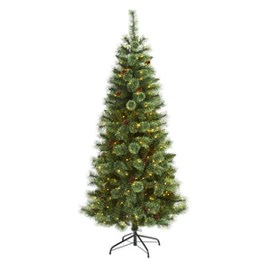 6' White Mountain Pine Christmas Tree Pre-Lighted 300 LEDs And Pine Cones