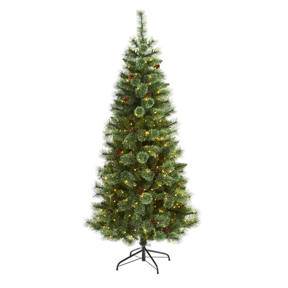 6' White Mountain Pine Christmas Tree Pre-Lighted 300 LEDs And Pine Cones