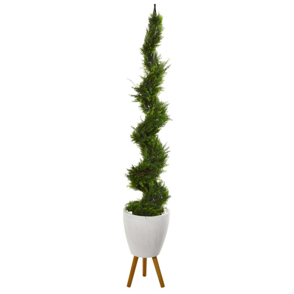 75” Cypress Spiral Tree In White Planter With Stand