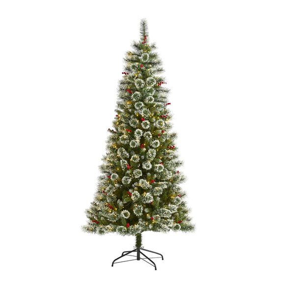 7' Frosted Swiss Pine Christmas Tree Pre-Lighted 400 Clear LED And Berries