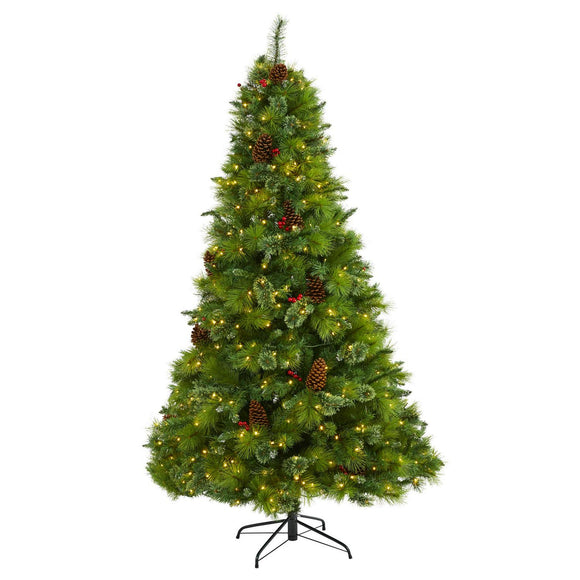 7' Montana Pine Christmas Tree Pre-Lighted With Cones, Berries And 500 LED