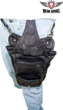 Black Naked Cowhide Leather Multi-Pocket Laced Thigh Bag With Extra Layer