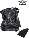 Black Naked Cowhide Leather Multi-Pocket Laced Thigh Bag With Extra Layer